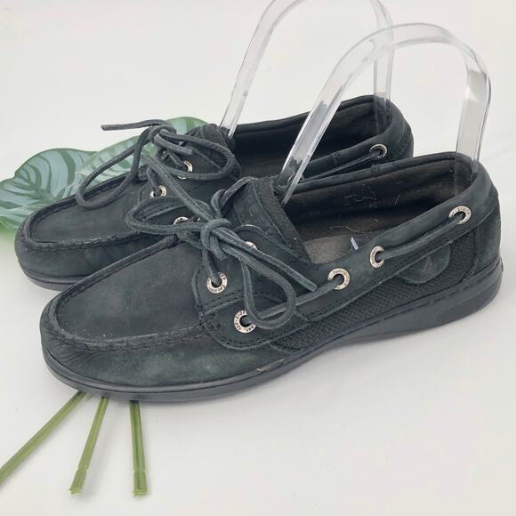 Sperry Top-Sider Black Bluefish 2-Eye Leather Slip On Tie Accent Boat Shoes - Picture 4 of 10